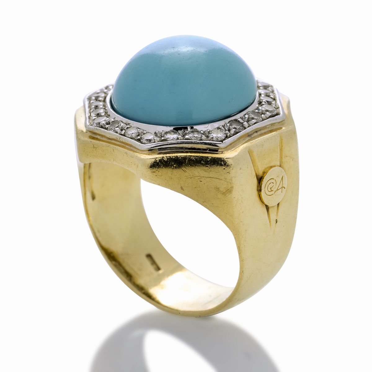 Anello in Oro Giallo, Oro Bianco, Diamanti e Turchese