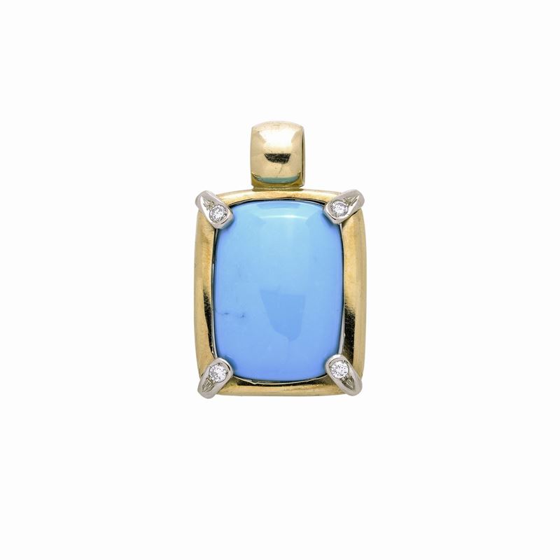 Grande Pendente in Oro Giallo, Diamanti e Turchese