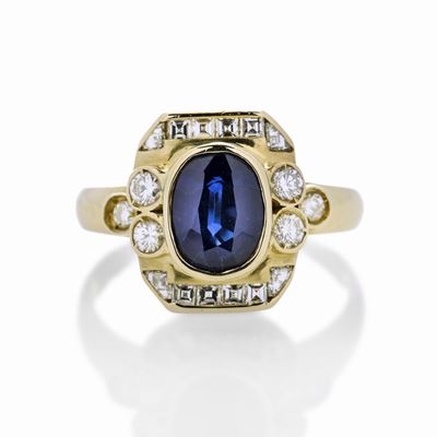 Anello in Oro Giallo, Diamanti e Zaffiro
