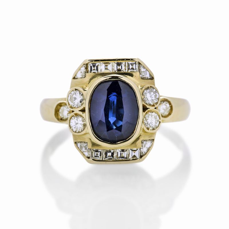 Anello in Oro Giallo, Diamanti e Zaffiro