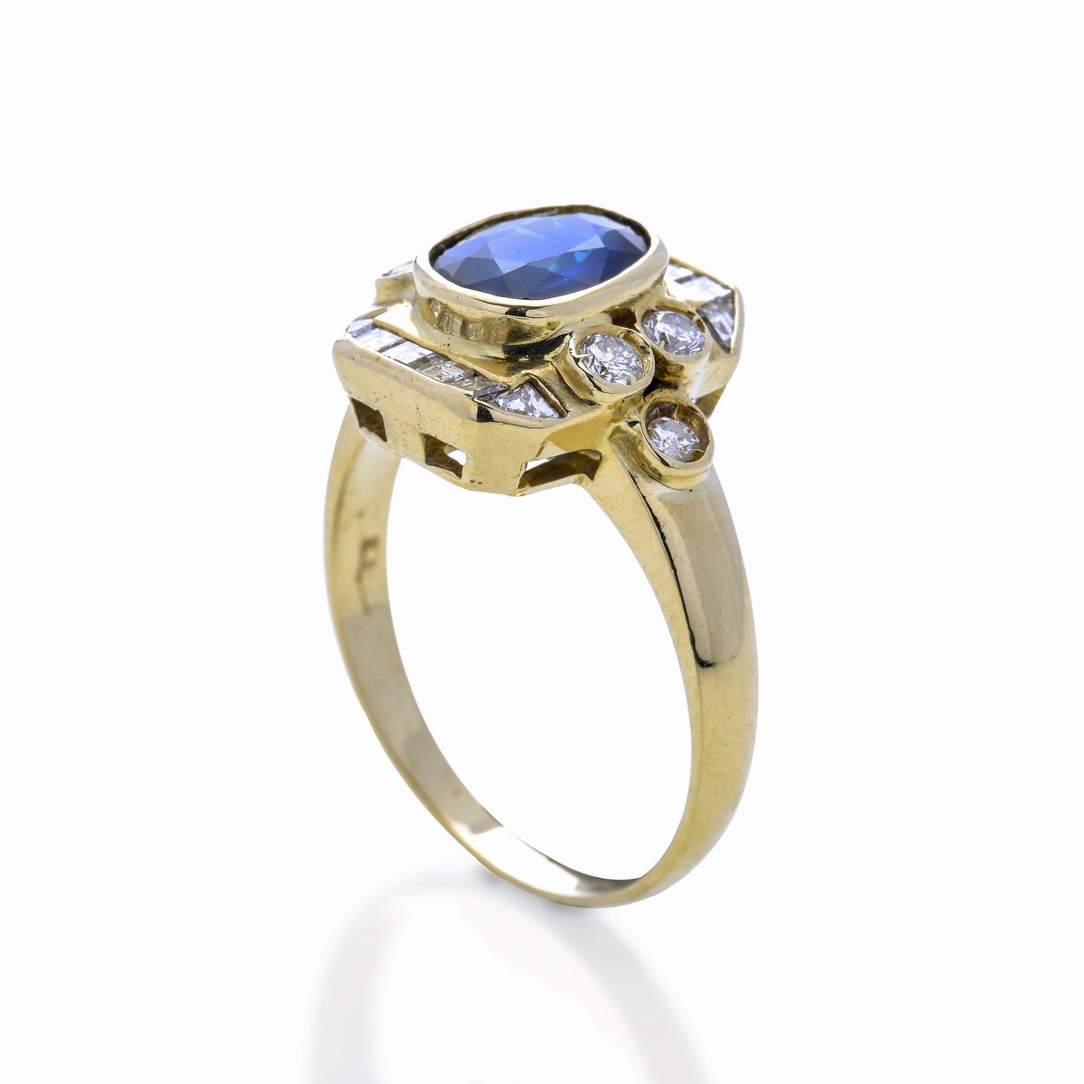 Anello in Oro Giallo, Diamanti e Zaffiro