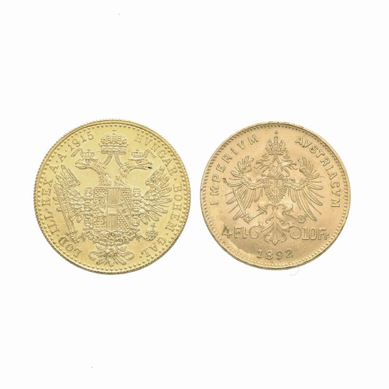 Due Monete Raffiguranti Francesco Giuseppe in Oro Giallo