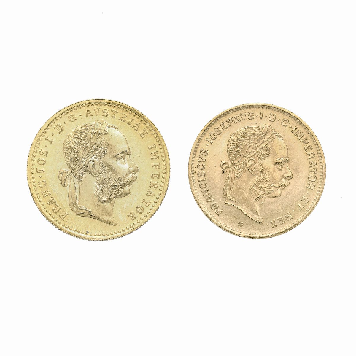 Due Monete Raffiguranti Francesco Giuseppe in Oro Giallo