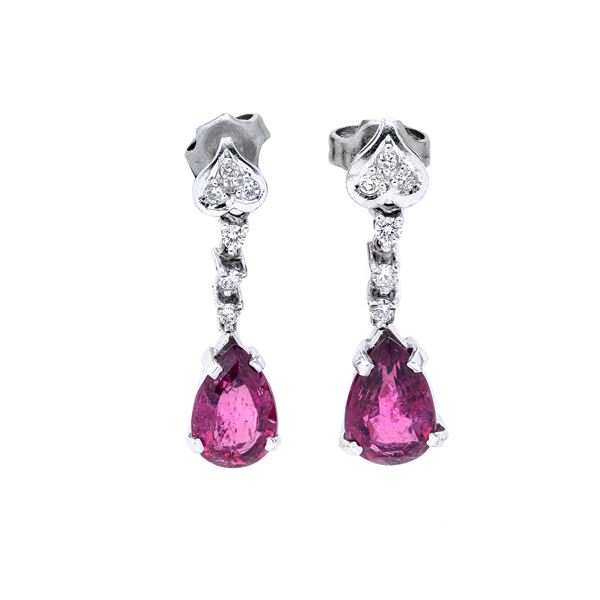 Pair of pendant earrings in white gold, diamonds and red tourmalines