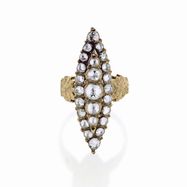 Lozenge ring in low title gold and diamonds