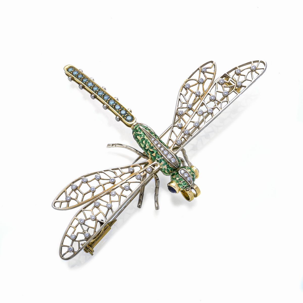 Grande spilla pendente libellula in oro giallo, diamanti, smalti colorati e peridoto verde