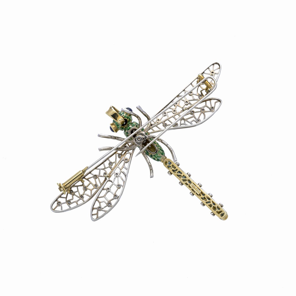 Grande spilla pendente libellula in oro giallo, diamanti, smalti colorati e peridoto verde