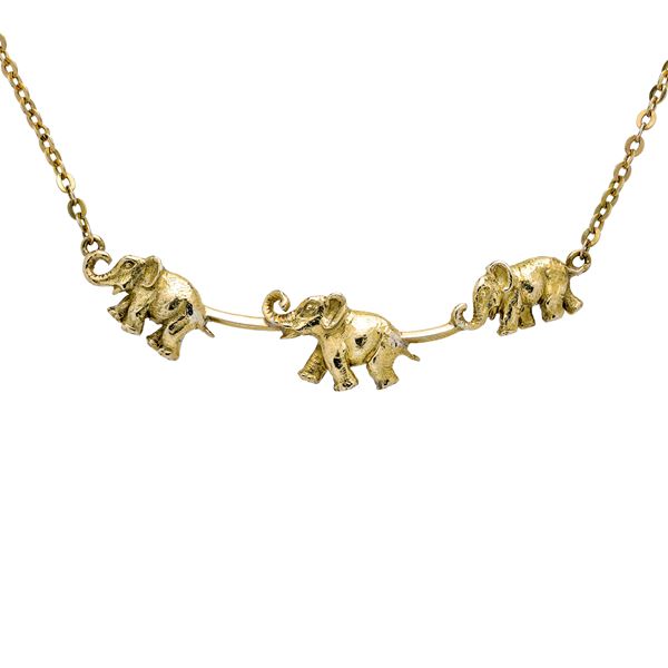 Yellow gold necklace with elephants with raised proboscis