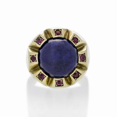 Anello da Cocktail in Oro 14 Kt, Pietre Rosse e Lapislazzulo