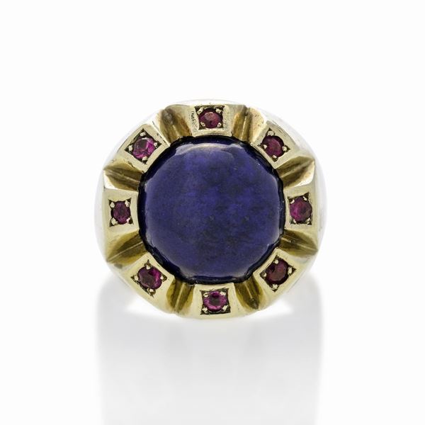Anello da cocktail in oro 14 kt, pietre rosse e lapislazzulo