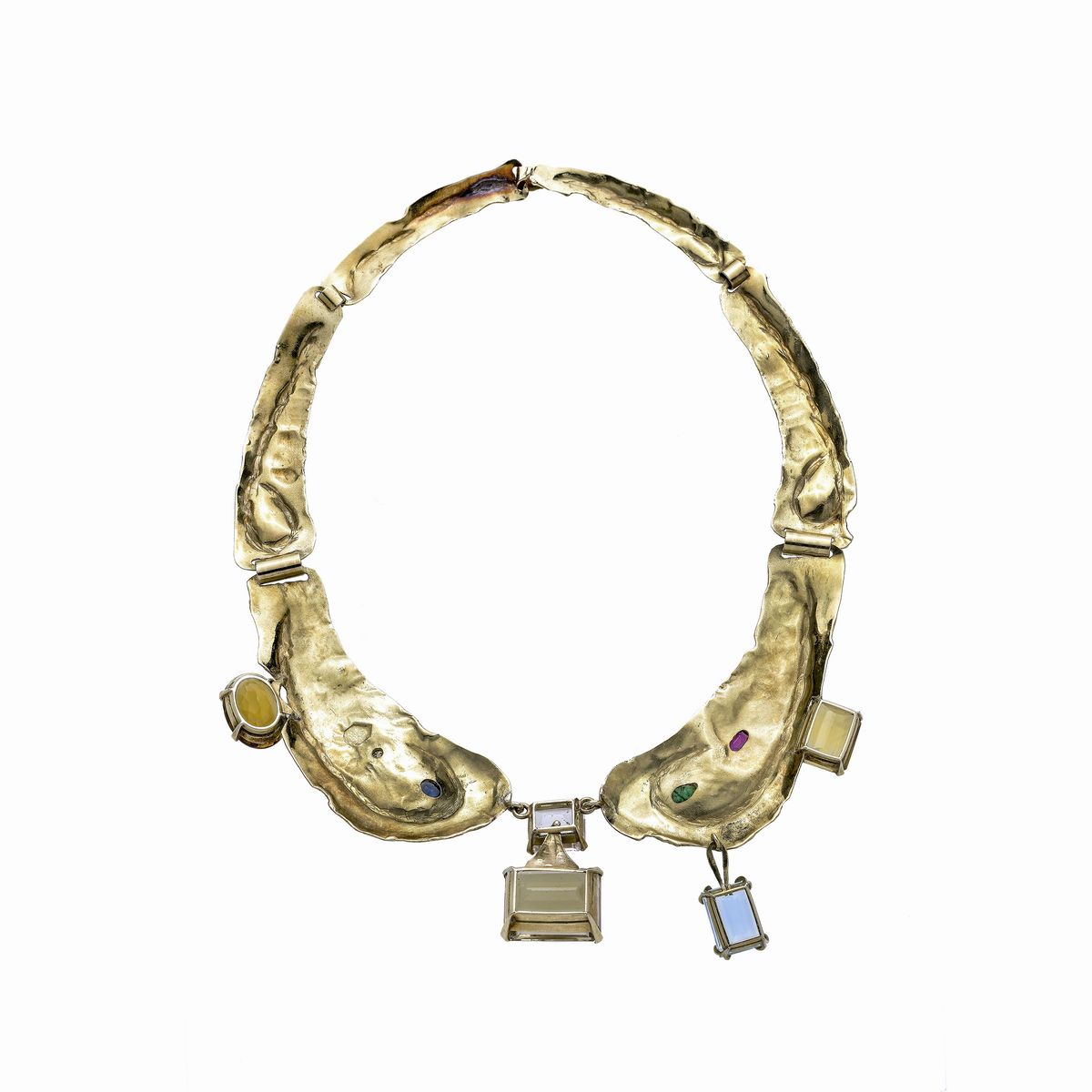 Collier in oro giallo, rubini, smeraldi, diamanti, quarzi citrini e acquamarina