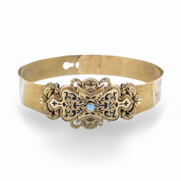 Bracciale rigido in oro giallo, smalto nero e turchese