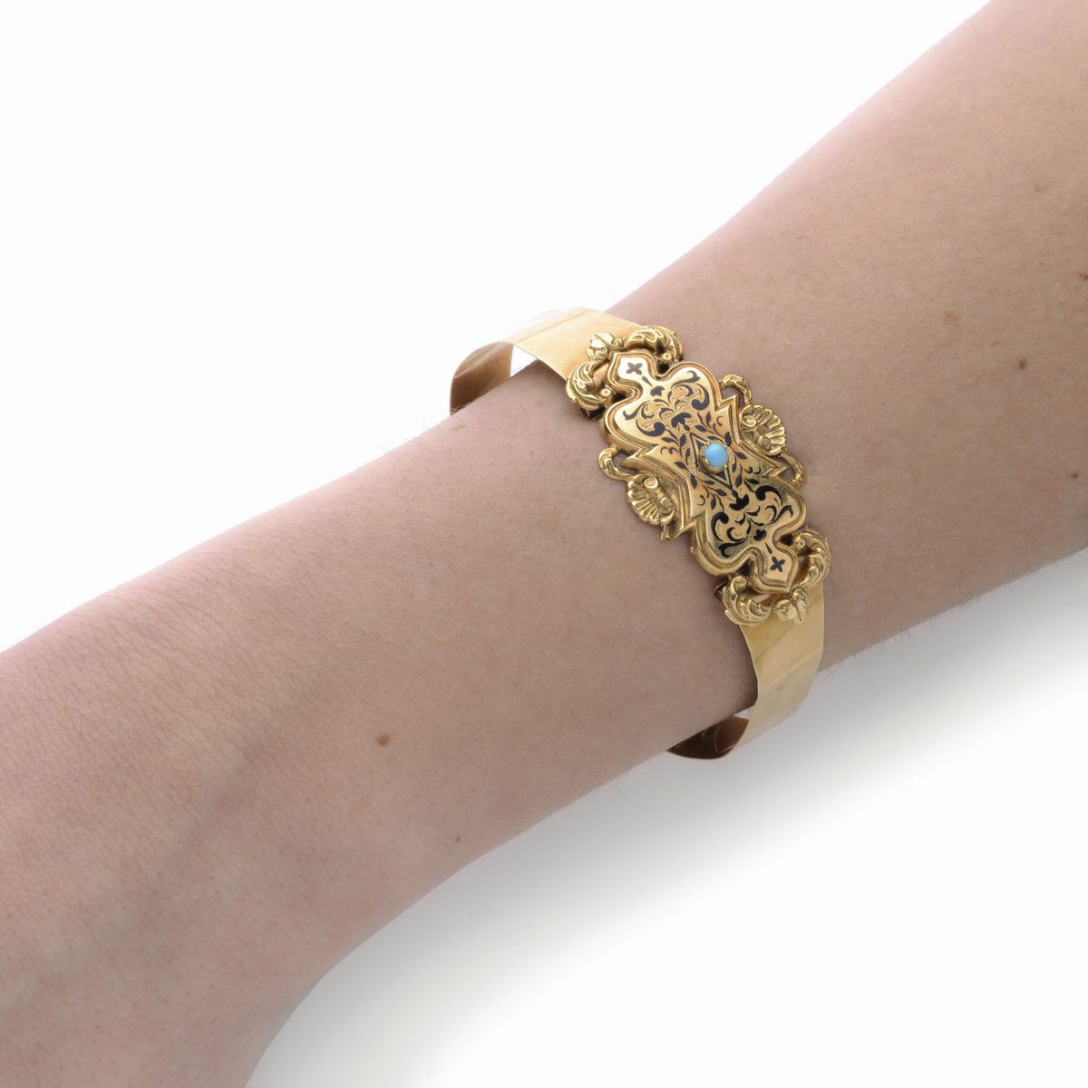 Bracciale rigido in oro giallo, smalto nero e turchese
