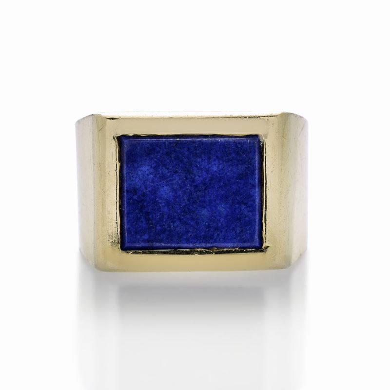 Anello a Scudo in Oro Giallo e Lapislazzulo