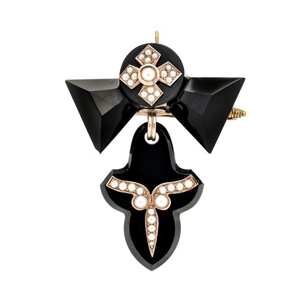 Pendant brooch in onyx, low title gold and micro-pearls