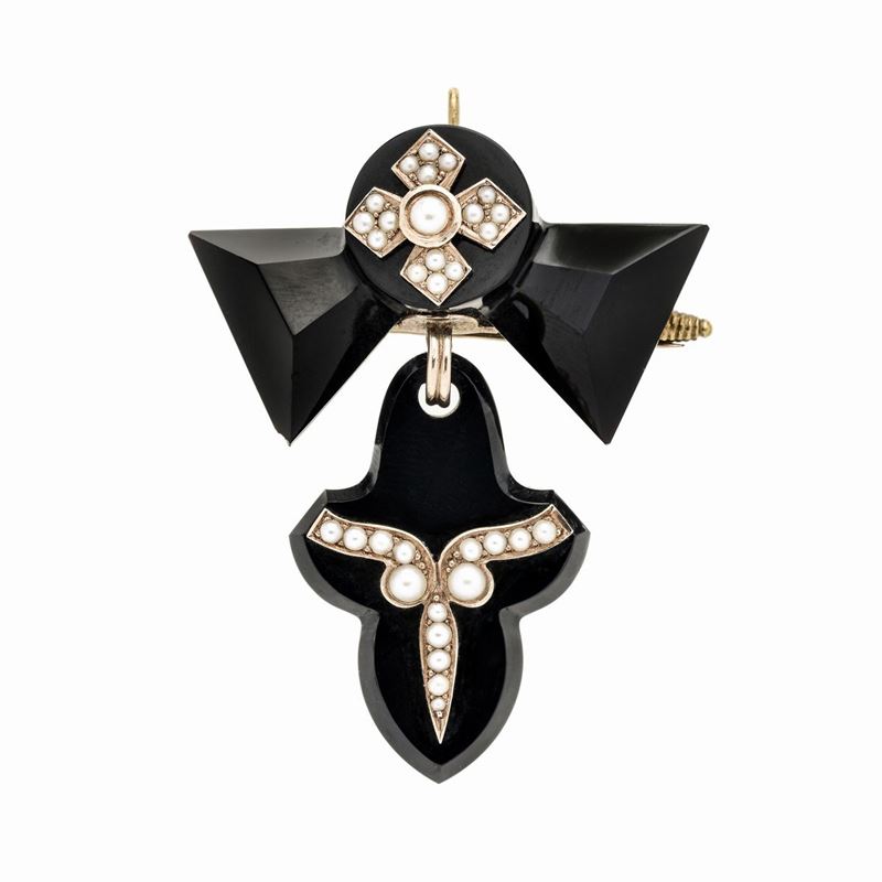 Spilla pendente in onice, oro a basso titolo e microperle