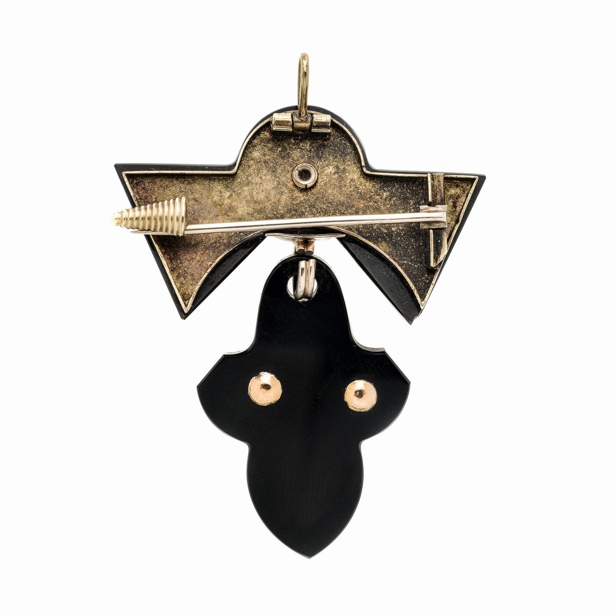 Spilla pendente in onice, oro a basso titolo e microperle