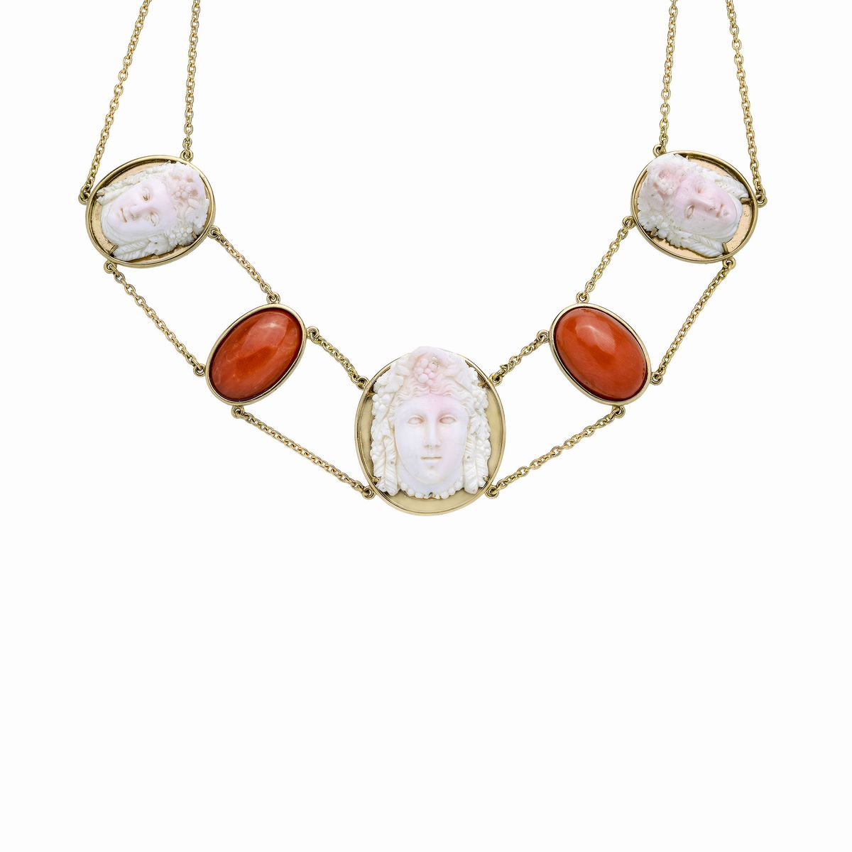 Collier in oro giallo e corallo rosso e bianco