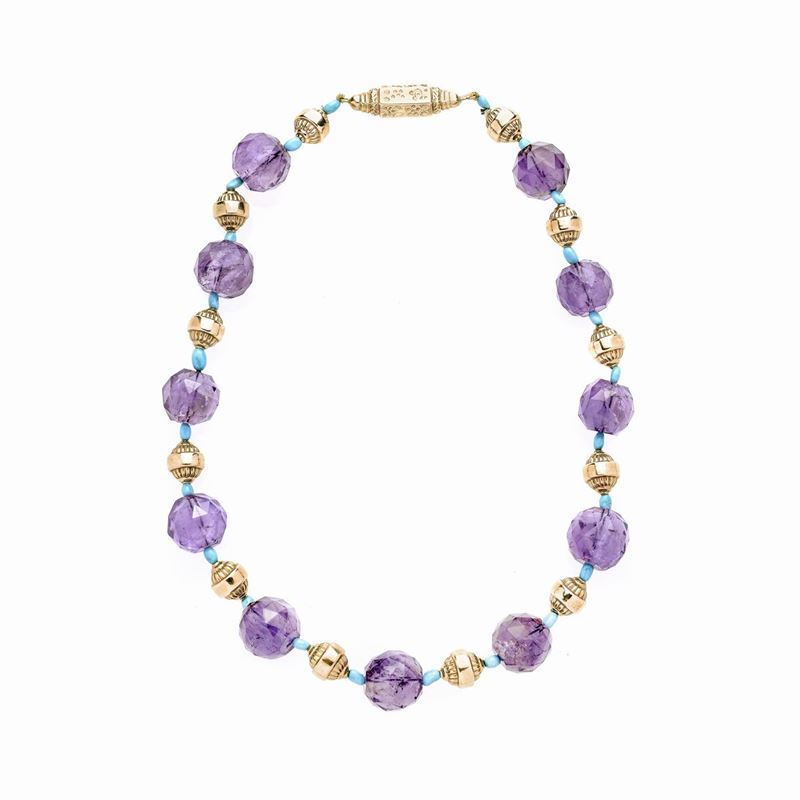 Collana in oro a basso titolo, turchese e ametista