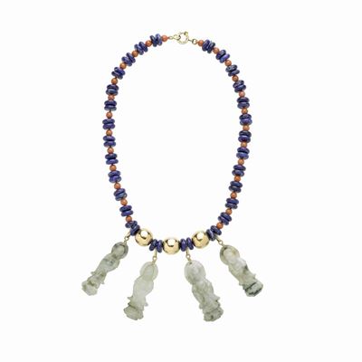 Collana in Oro Giallo, Corallo, Lapislazzulo e Giada