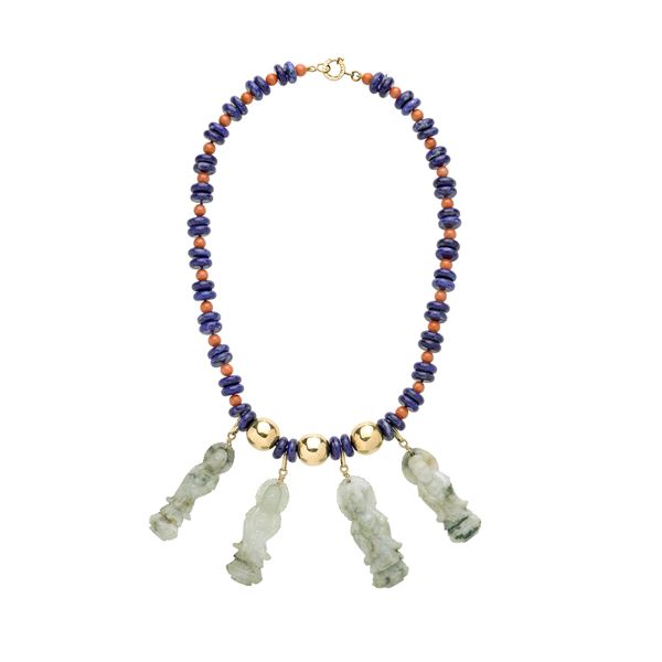 Necklace in yellow gold, coral, lapis lazuli and jade