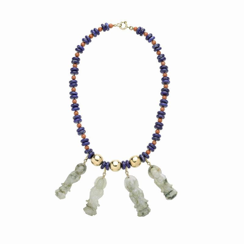 Collana in Oro Giallo, Corallo, Lapislazzulo e Giada