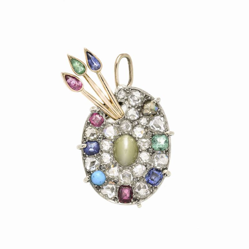 Pendente tavolozza in oro bianco, oro rosa, diamanti, rubini, zaffiri, smeraldi e pietra di luna