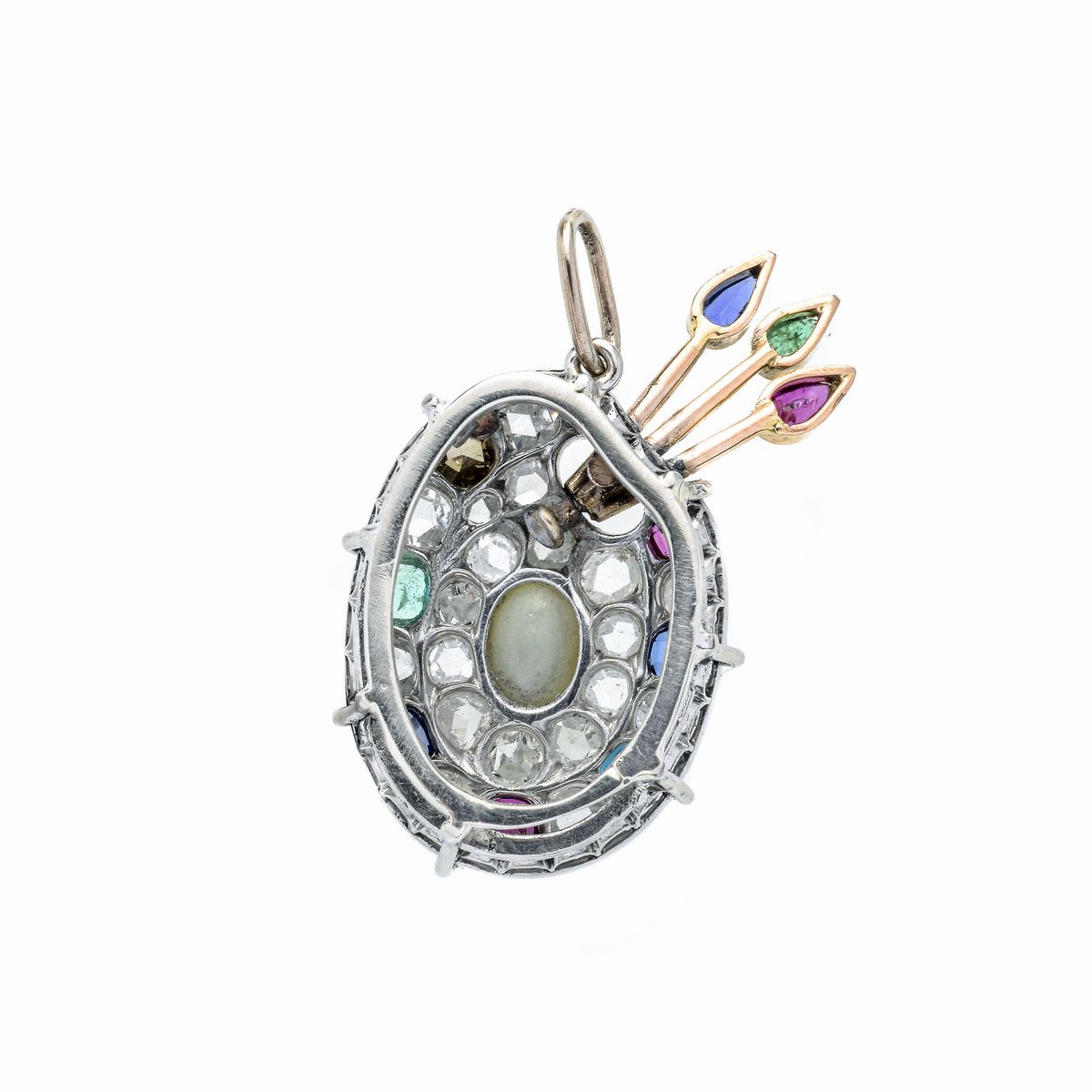 Pendente tavolozza in oro bianco, oro rosa, diamanti, rubini, zaffiri, smeraldi e pietra di luna