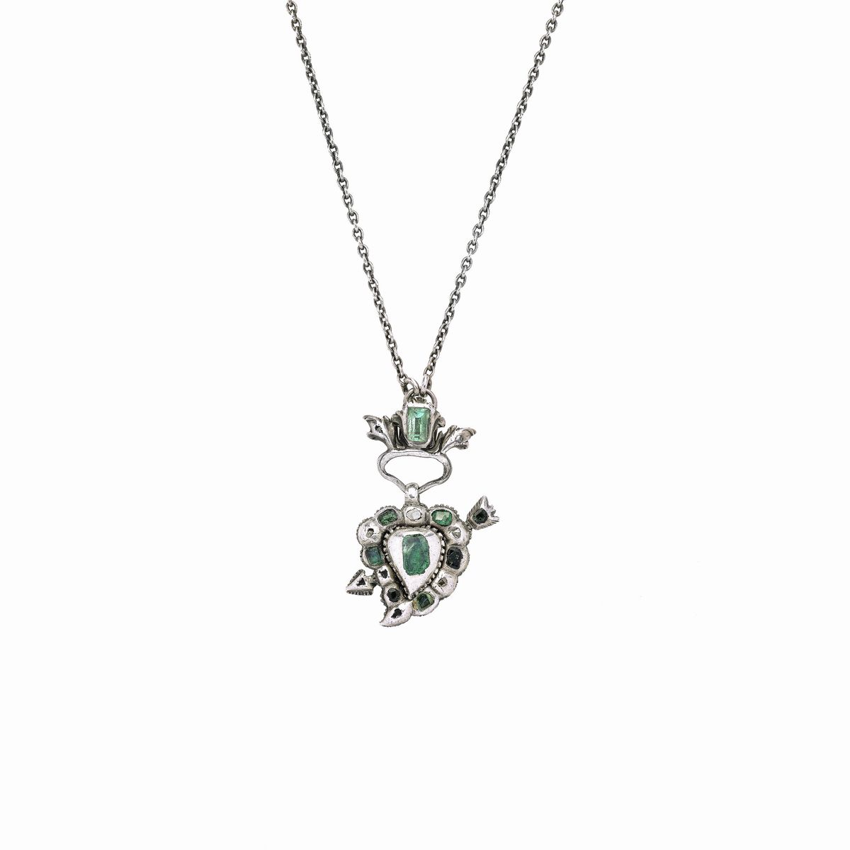 Pendente sentimentale con catena in argento, diamanti e smeraldi