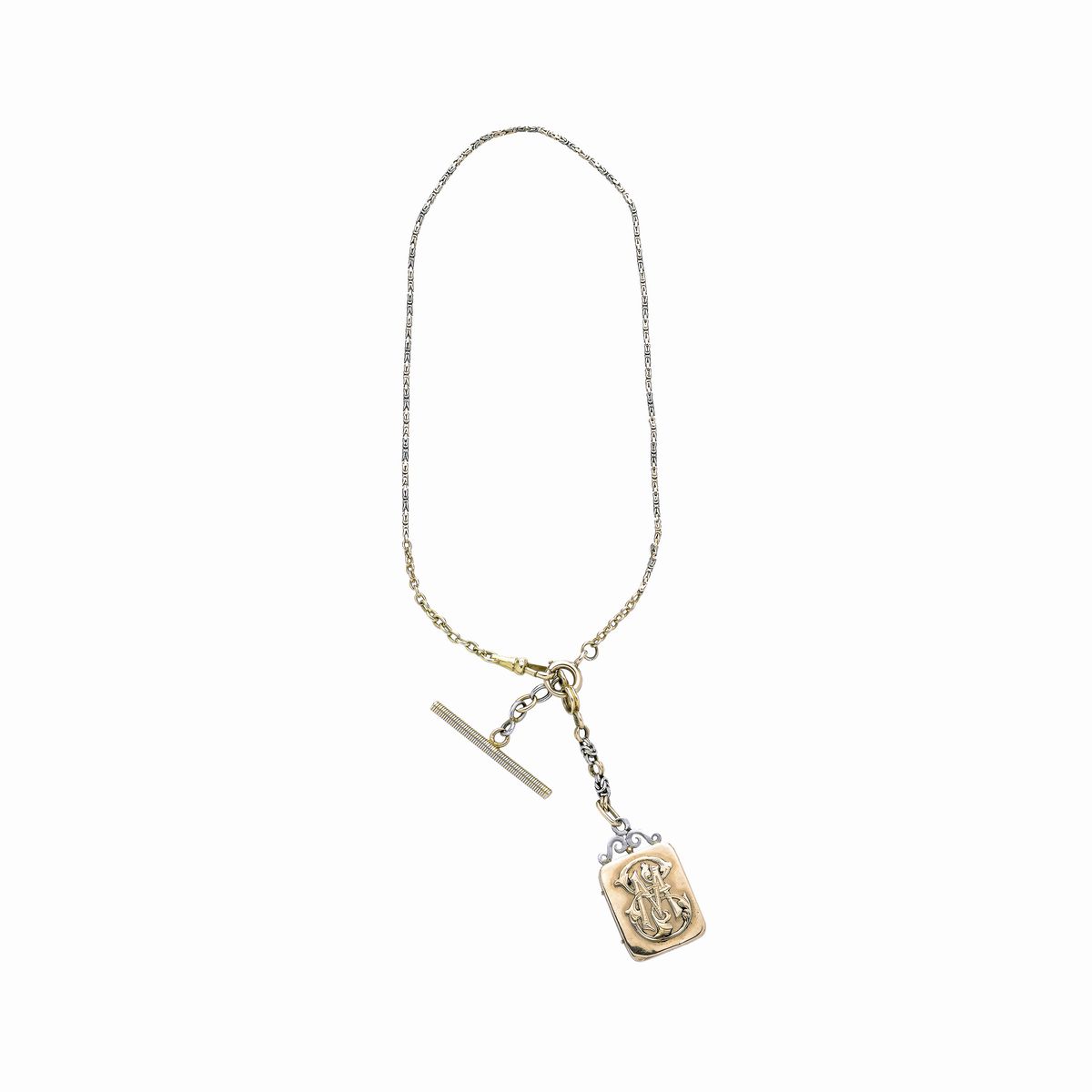 Catena da orologio con pendente portaritratti in oro a basso titolo e platino
