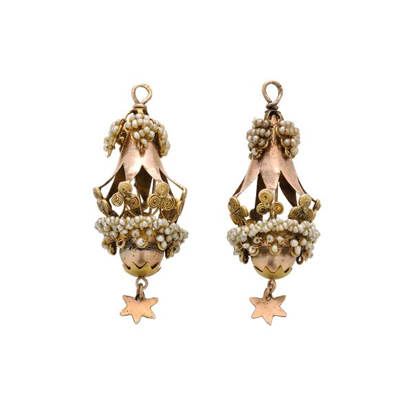 Pair of lantern pendants in low title gold and micro-pearls