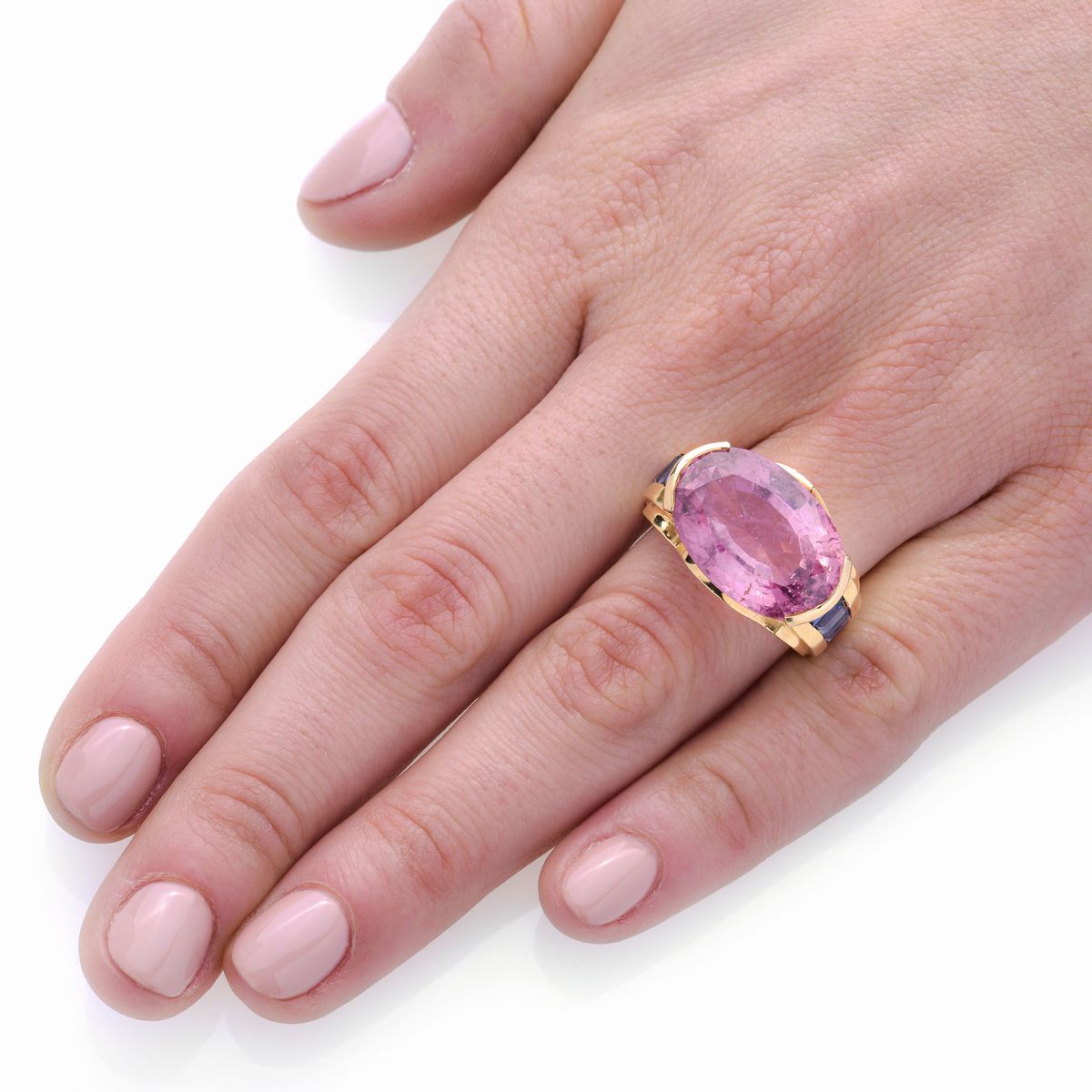 Grande Anello in Oro Giallo, Zaffiri e Tormalina Rosa