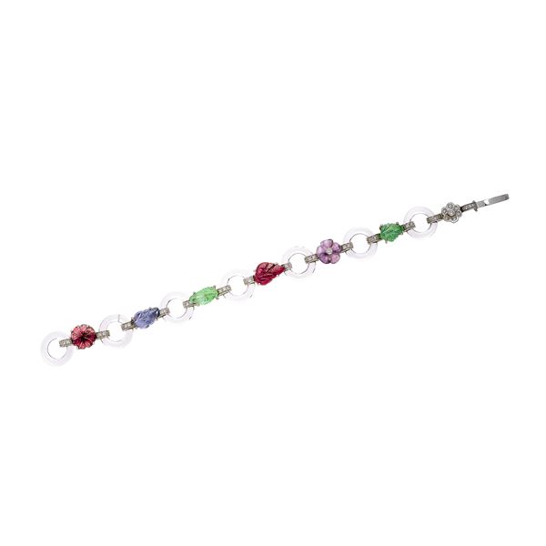 Bracelet in white gold, diamonds, rock crystal, sapphires, rubies, emeralds and amethyst