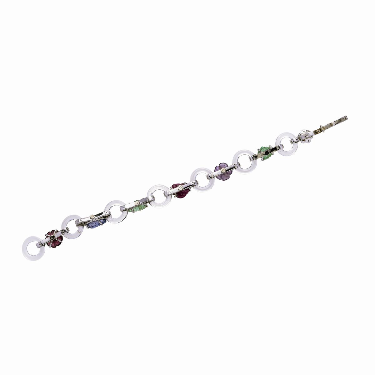 Bracciale in oro bianco, diamanti, cristallo di rocca, zaffiri, rubini, smeraldi e ametista