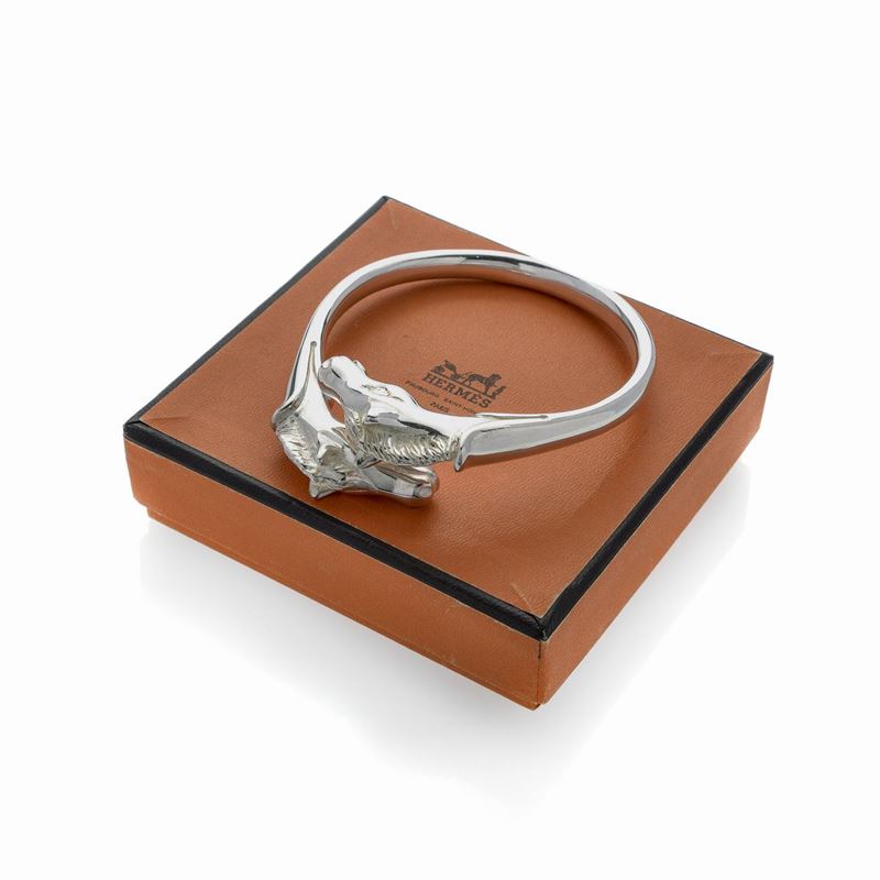 Bracciale Rigido con Teste di Cavalli in Argento Hermes