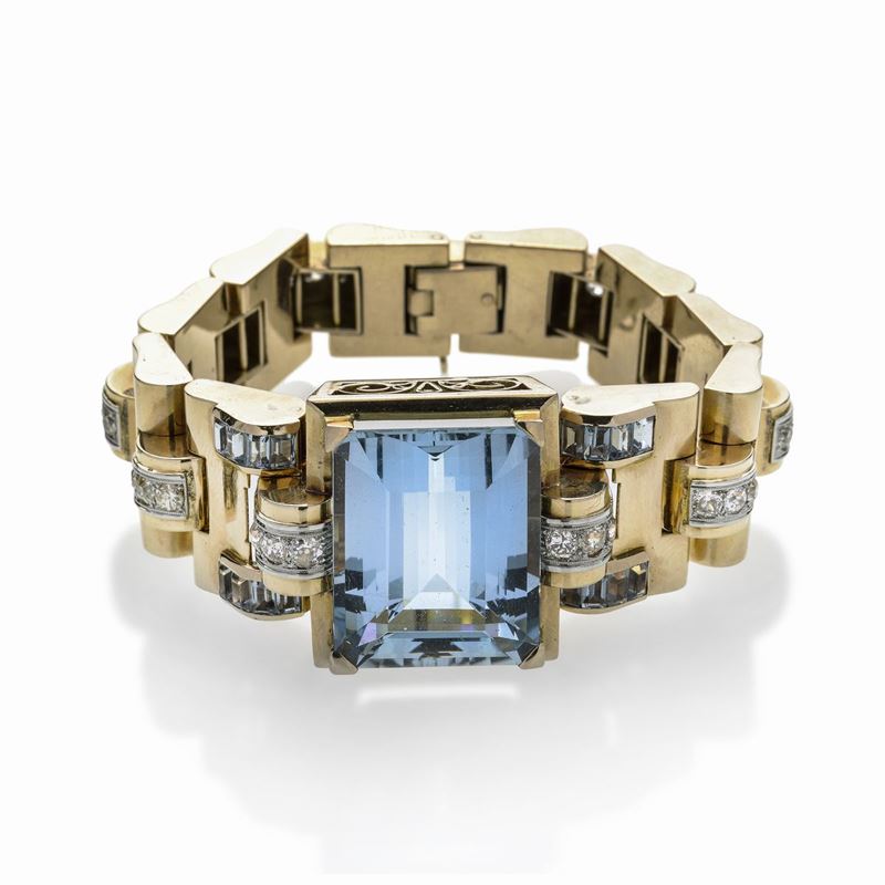 Importante bracciale in oro rosa, oro bianco, diamanti e acquamarina naturale