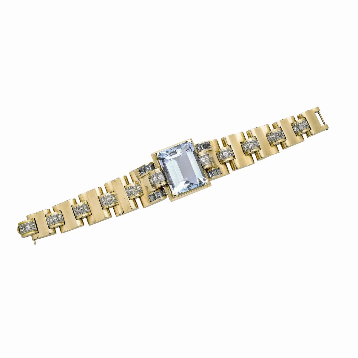 Importante bracciale in oro rosa, oro bianco, diamanti e acquamarina naturale