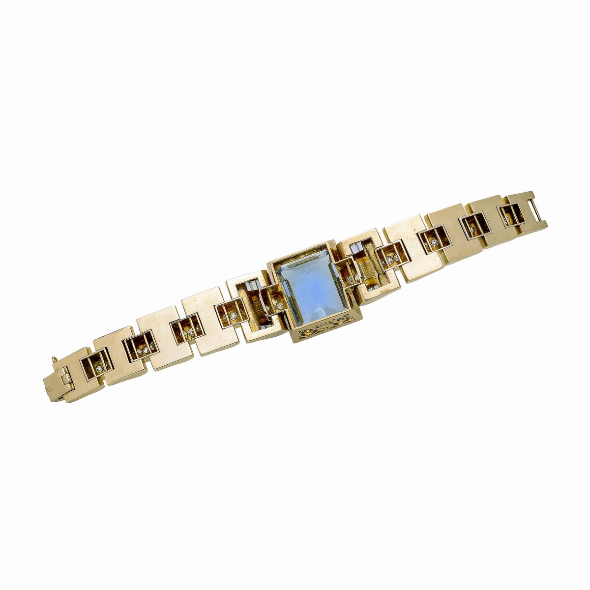 Importante bracciale in oro rosa, oro bianco, diamanti e acquamarina naturale