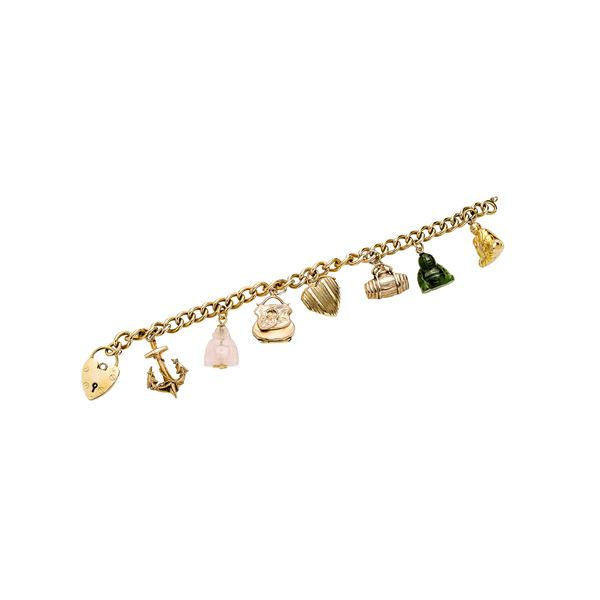 Bracelet in low title gold, yellow gold, jade and rose quartz  (Beginning of XX century)  - Auction Auction of Antique Jewelry, Modern and Watches - Curio - Casa d'aste in Firenze