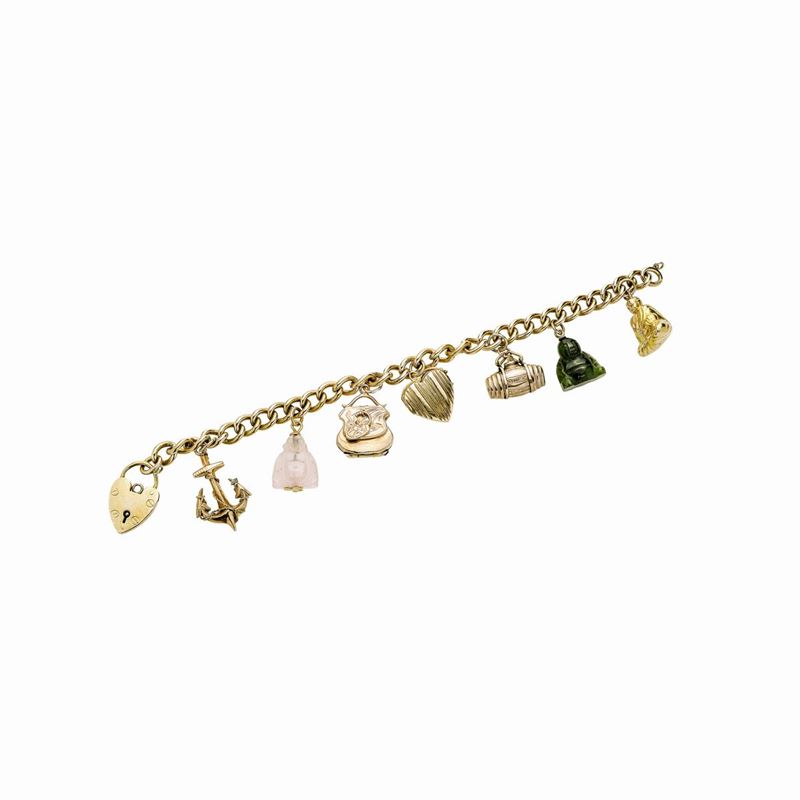 Braccialetto in oro a basso titolo, oro giallo, giada e quarzo rosa