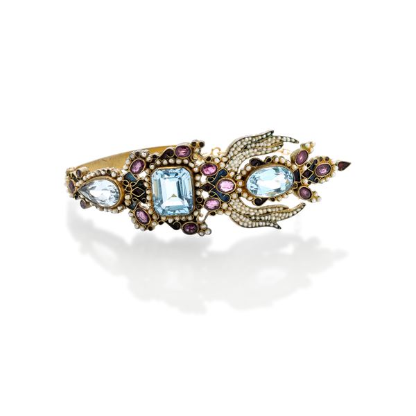 Bracelet in low title gold, yellow gold, rubies, micro-pearls and blue topaz Percossi Papi