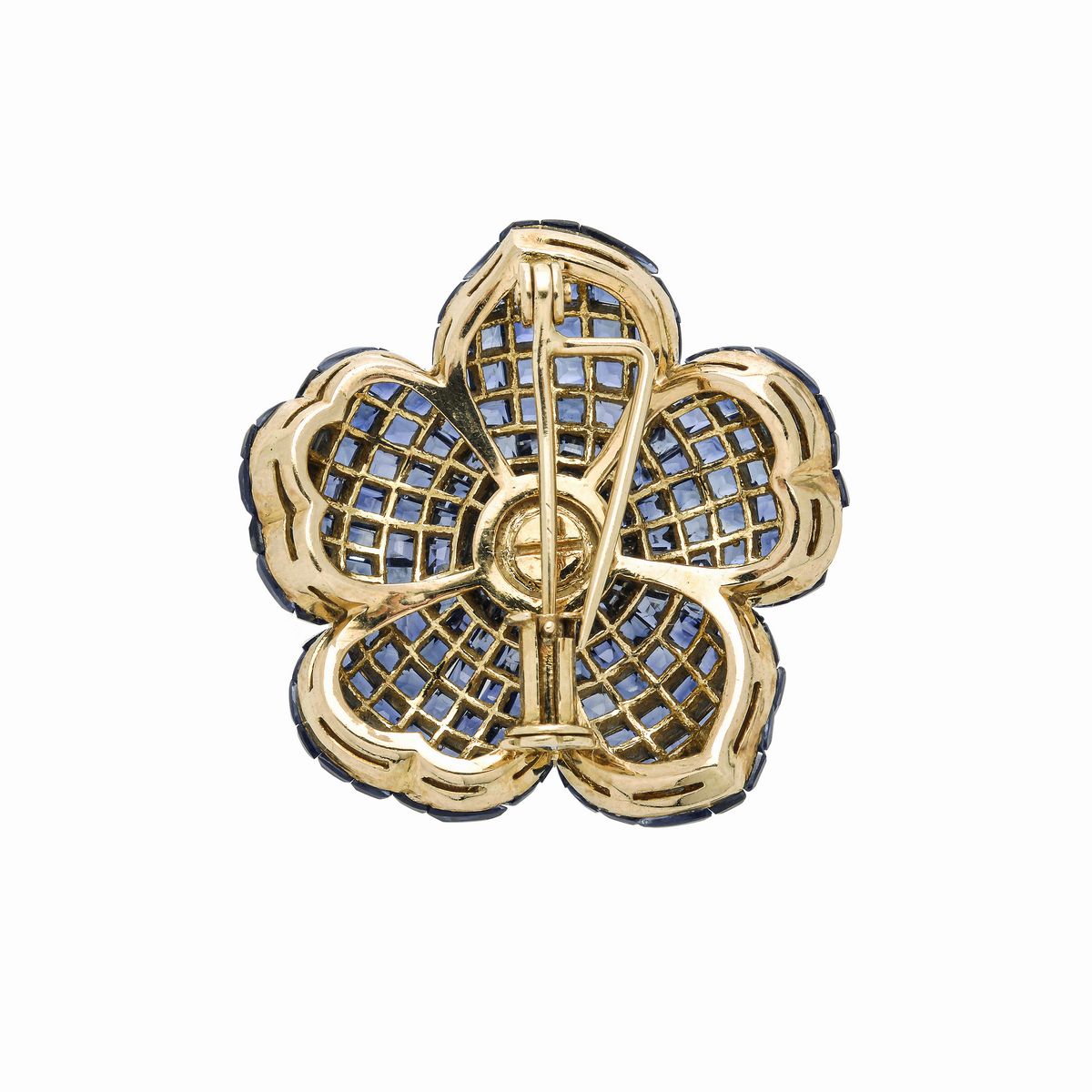 Clip Floreale in Oro Giallo, Zaffiri e Diamanti