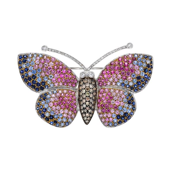 Butterfly clip in white gold, diamonds, black diamonds, shappires and pink shappires