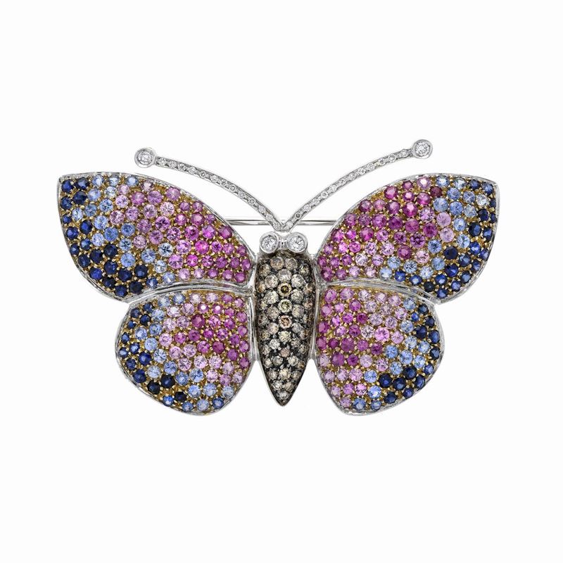 Clip Farfalla in oro bianco, diamanti, diamanti brown, zaffiri e zaffiri rosa