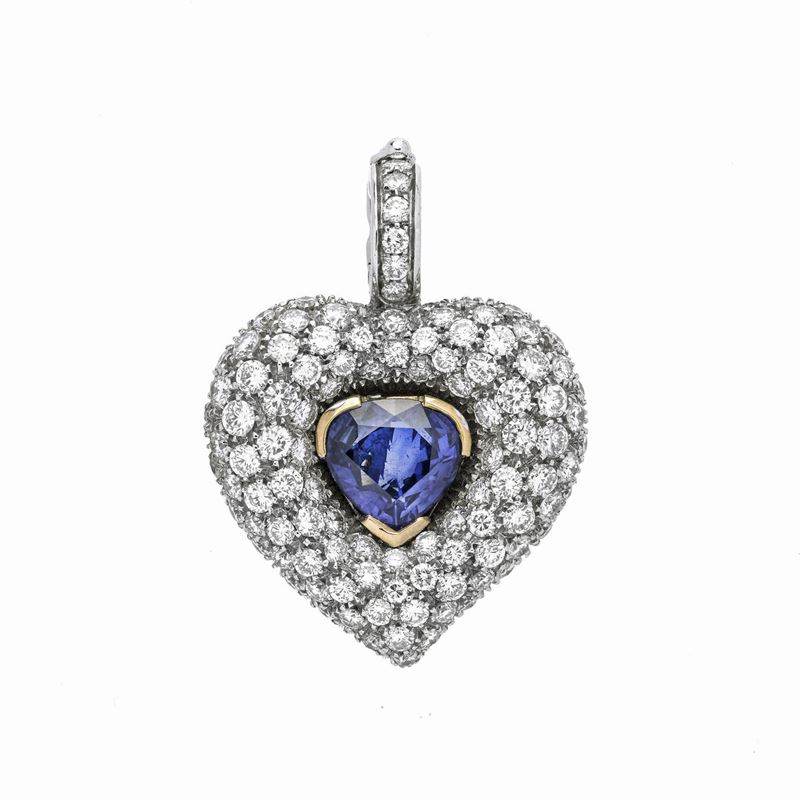 Pendente a cuore in oro bianco, oro giallo, diamanti e zaffiro