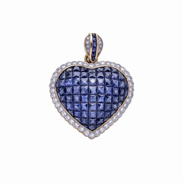 Heart pendant in yellow gold, diamonds and shappire