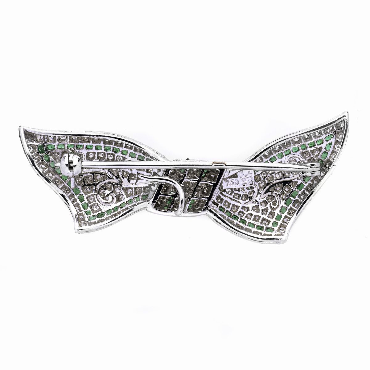 Spilla Fiocco in Oro Bianco, Smeraldi e Diamanti