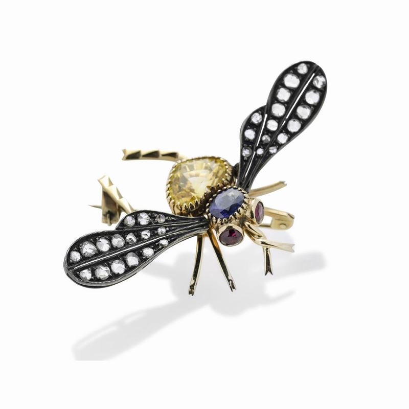 Spilla libellula in oro giallo, argento, diamanti, rubini, zaffiro e zaffiro giallo