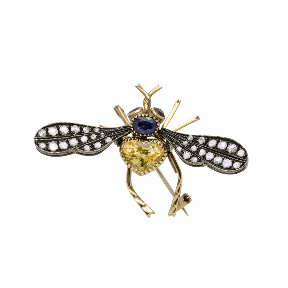 Spilla libellula in oro giallo, argento, diamanti, rubini, zaffiro e zaffiro giallo