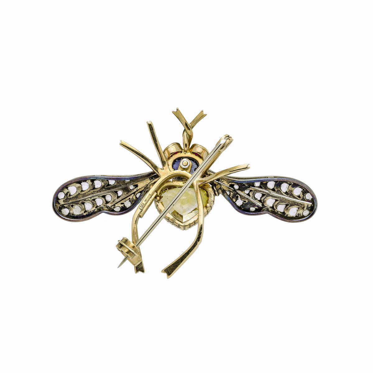 Spilla libellula in oro giallo, argento, diamanti, rubini, zaffiro e zaffiro giallo
